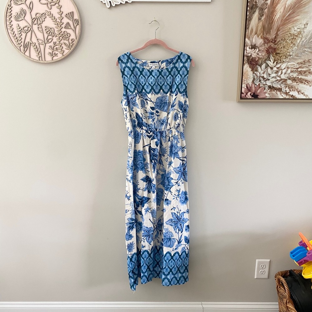 Le Ragazze Italy Blue White Floral Linen Blend Sleeveless Maxi Dress US (M-L)